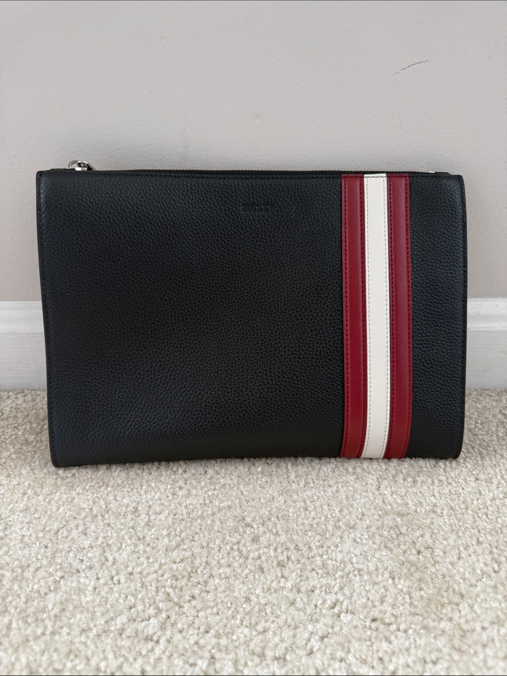 Bally Curtz Black Leather Pouch with Red and White Stripe